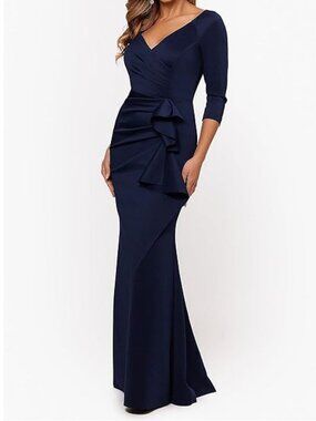 ✨Xscape Women's Long 3/4 Sleeve V-Neck Side Ruched Gown Midnight 12 NWOT